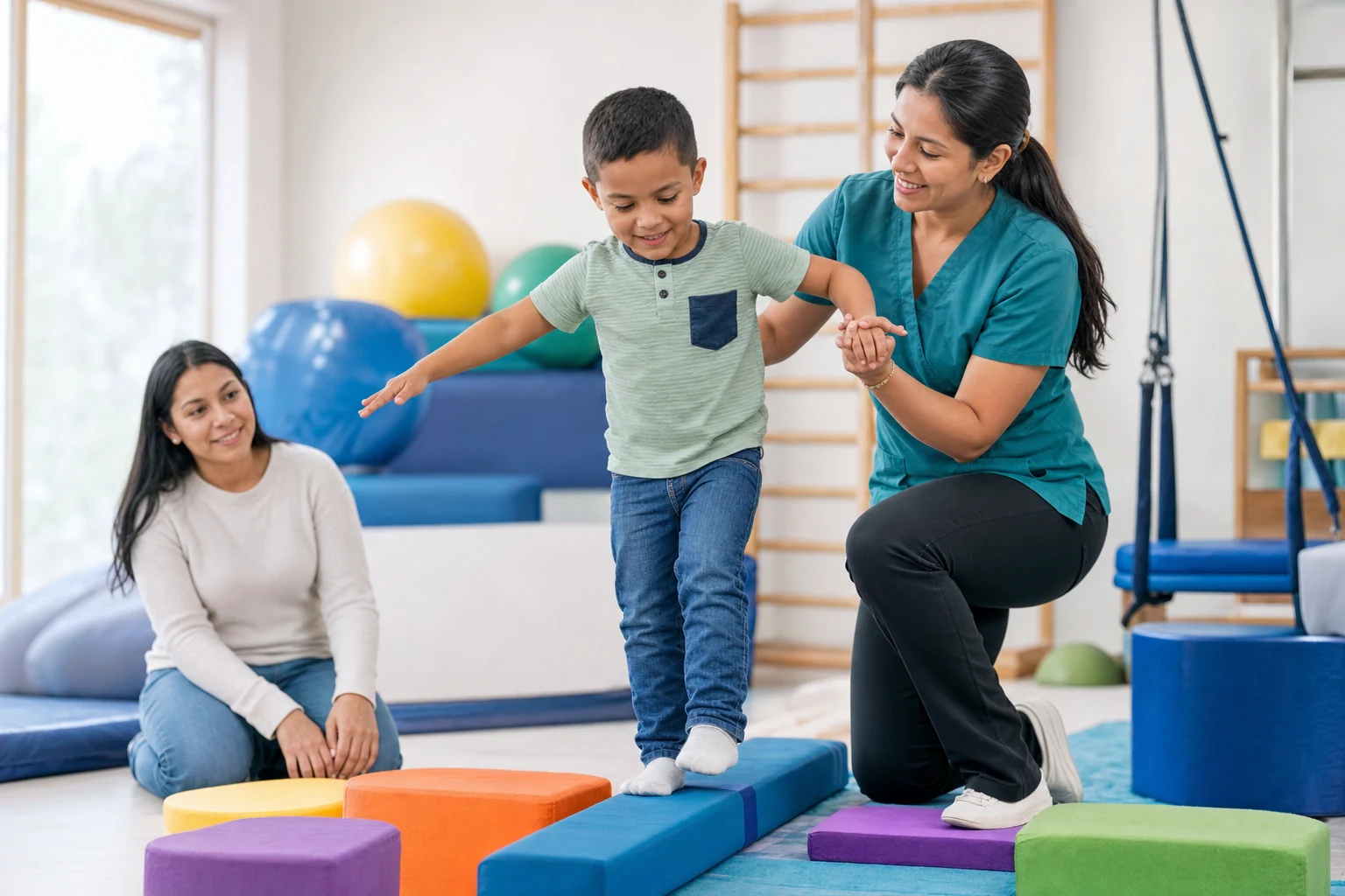 Niño realizando una actividad de equilibrio con acompañamiento profesional