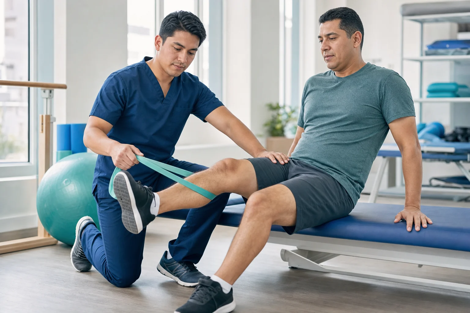 Profesional acompañando un ejercicio de rehabilitación de miembro inferior