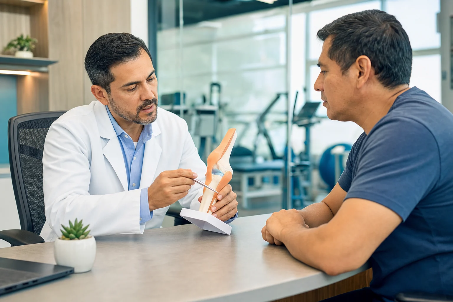 Especialista explicando una valoración musculoesquelética con un modelo de rodilla